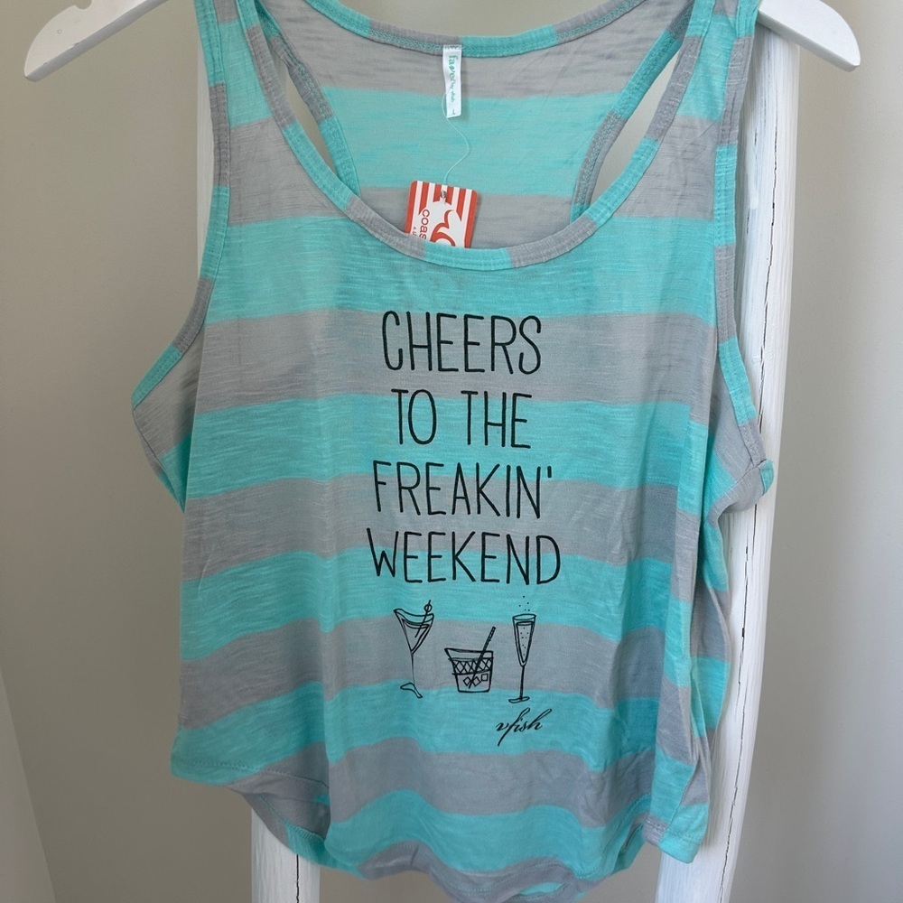 Fave by Vfish Mint Green and Gray Graphic Tank Top Size Large